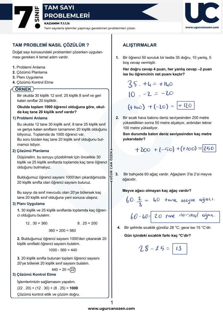 7. Sınıf Tam Sayı Problem Çözümleri Sayfa 1