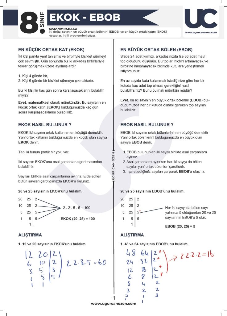 8. Sınıf EBOB - EKOK Çalışma Kağıdı Çözümleri 1